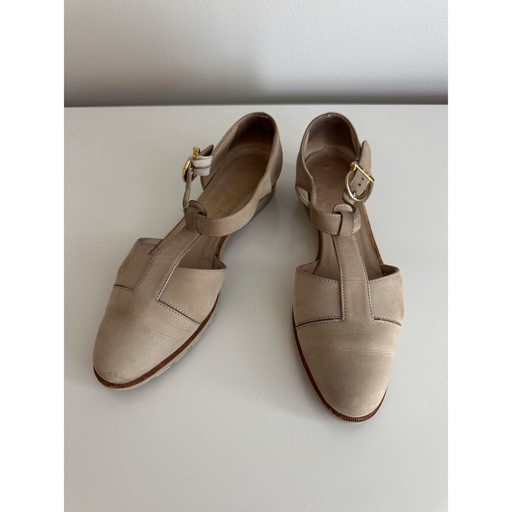 Salvatore Ferragamo Boutique T Strap Flats Nude Beige Leather Shoes Women's 6 AA